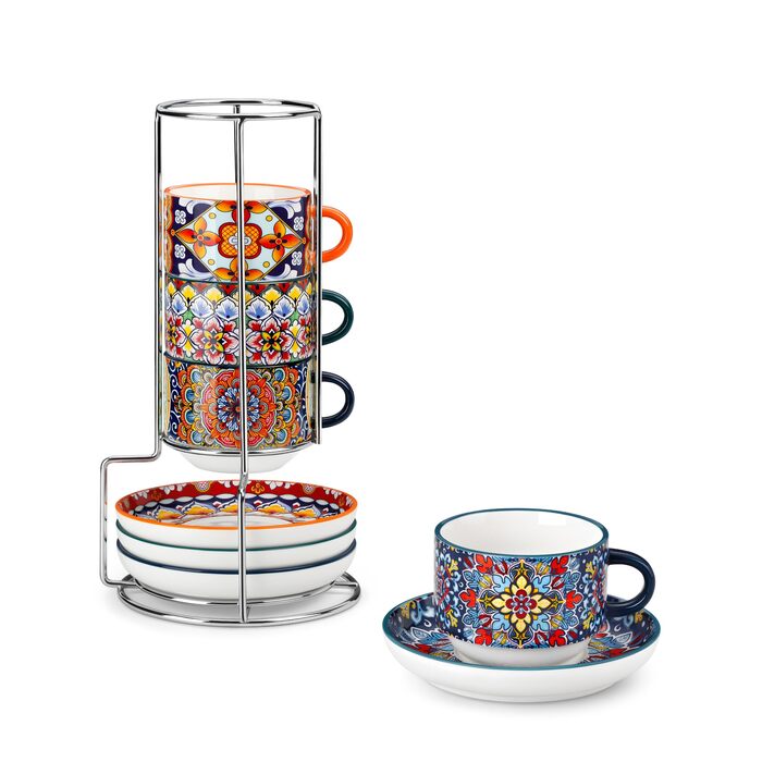 Набір чашок для еспресо Vancasso 4 шт., 150 мл SIMI, з підставками та стійкою, керамічні, для капучіно, еспресо, лате