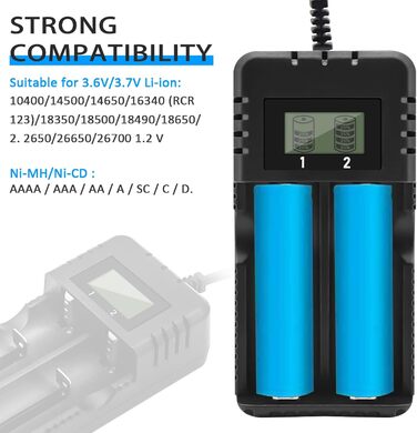 Зарядний пристрій для акумуляторів Li-Ion з LCD-дисплеєм, 4 слоти, швидка зарядка, сумісний з 26650/18650/14500/16340