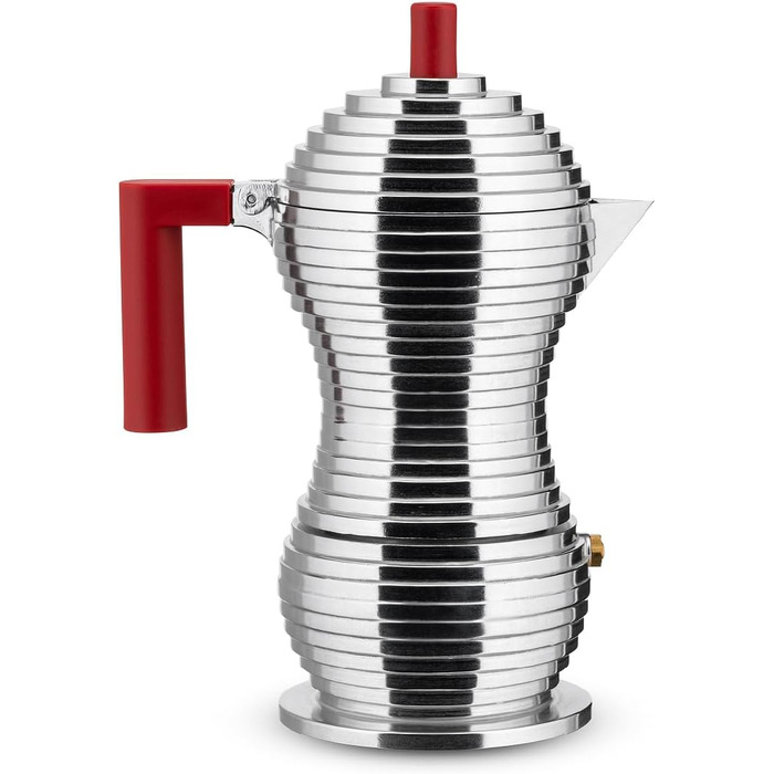 Alessi MDL02/3RFM Pulcina Espresso Machine - Cast Aluminum. Handle and Button - PA, red. Magnetic Bottom - 3 Cups
