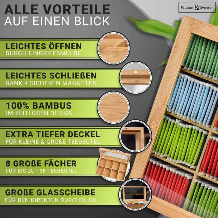 Paulson & Svenson® Sustainable Tea Box with 8 Compartments - Tea Bag Storage Made of Certified Bamboo Wood with Airtight Magnetic Closure and Viewing Window