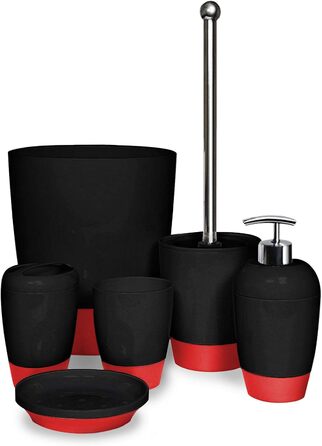 Набір аксесуарів для ванної кімнати HOUSIO, 6 предметів, чорно-червоний (тримач для зубних щіток, миска для мила, дозатор для лосьйону, стакан, WC-щітка, сміттєве відро)
