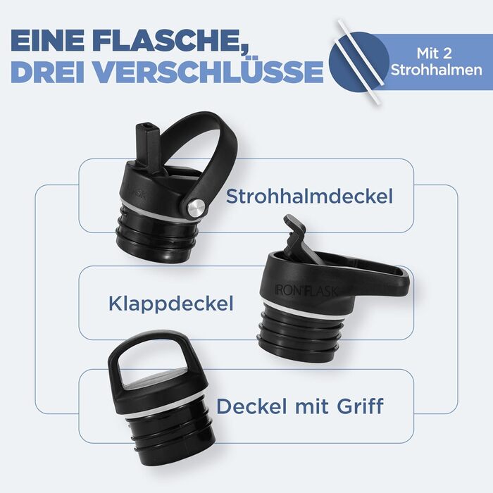 Термофляга IRON °FLASK Edelstahl 710 мл, чорна. Металева, двошарова, ізольована, без BPA. З трьома кришками (поїльник, соломинка). Для спорту, школи, фітнесу, кемпінгу.