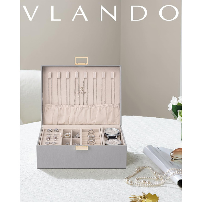 Скринька для прикрас Vlando, 2-ярусна, біла, з підкладкою для годинників | Організатор для ювелірних виробів, подарунок для жінок