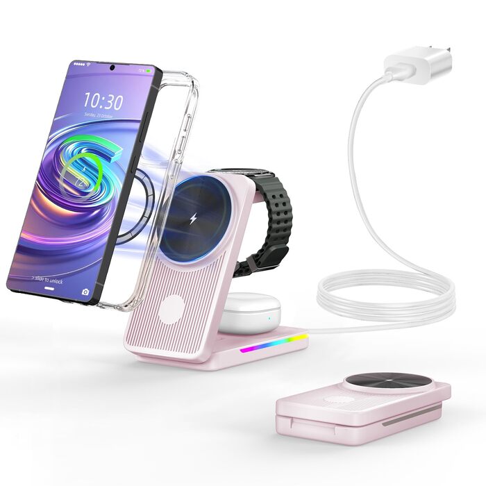 Магнітна зарядна станція 3-в-1 для Samsung Galaxy S26 Ultra, S25, Z Fold 7, Z Flip 7, Galaxy Watch Ultra 8/7/6, Buds Pro 3 (Рожева) - Бездротова зарядка Magsafe
