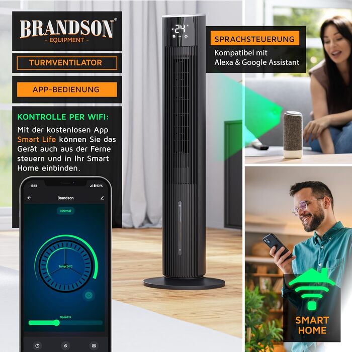 Вентилятор вежа Brandson ECO GREEN з водяним охолодженням, WiFi, керуванням Alexa – мобільний кондиціонер, чорний матовий