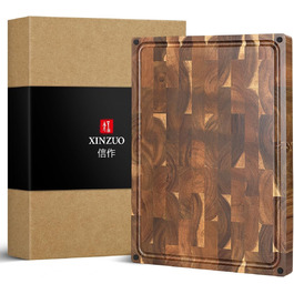 Велика товста торцева обробна дошка XINZUO з акації 48,5×35,6×3,8 см, двостороння кухонна дошка з антиковзкими ніжками, вбудованими ручками та жолобом для соку