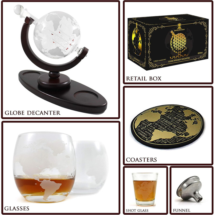 Globus Decanter Gift Set. Includes a wooden base, 2 glasses, 2 coasters, a shot glass, and a funnel. This whiskey decanter and glasses set is the perfect gift.