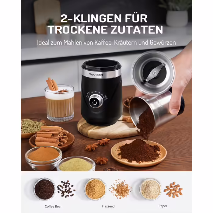 SHARDOR Coffee Grinder with 2 Stainless Steel Cups, Spice Grinder, Automatic Timer, Quiet Grinding, Can be Used for Grinding Coffee Beans, Spices, Grains, Sugar, Nuts, 2 * 80g