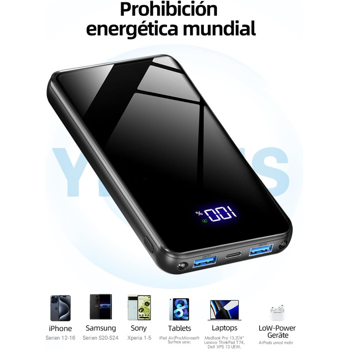 Power Bank 20000mAh з швидкою зарядкою 22,5W USB-C PD3.0 & QC4.0, LED дисплеєм, для iPhone, Galaxy, подорожей та кемпінгу, чорний