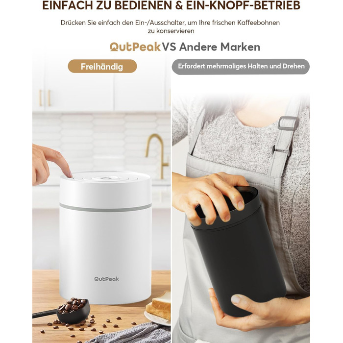 OUTPEAK 2025 Kilo Auto Вакуумна кавова банка 1,8L для 601.0 г кавових зерен з одним натисканням кнопки, нержавіючий контейнер з ложкою, свіжість на 6 місяців (Barista Champion's Choice) (1.8L-S/Steel-Pearl White)