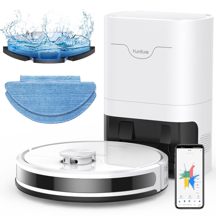 Робот-пилосос HONITURE Q6 SE з вологою тканиною, станція самостійного очищення, потужність 5000Pa, навігація LiDAR, мапірування, керування через додаток, сумісність з Alexa, для шерсті тварин та килимів, час роботи до 200 хвилин, білий
