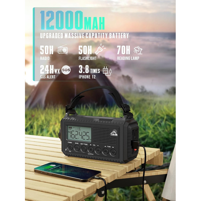 Радіо на сонячній батареї та з ручним генератором | Powerbank 12000mAh, AM/FM/SW, SOS, USB-C, IPX4, ліхтарик, для кемпінгу та відпочинку на природі (чорний)