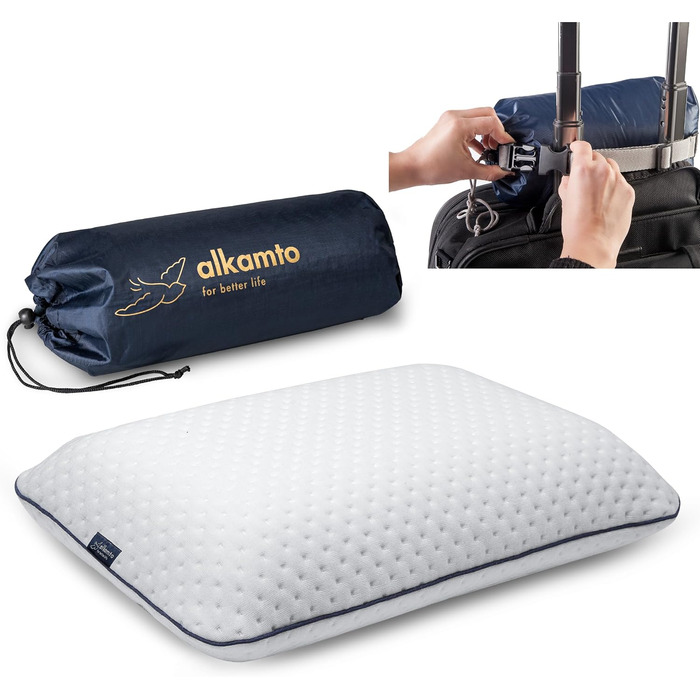 Alkamto Travel Pillow - Camping Pillow - Ergonomic Memory Foam Pillow with Temperature-Regulating Cover - Oeko-Tex Made IN Green
