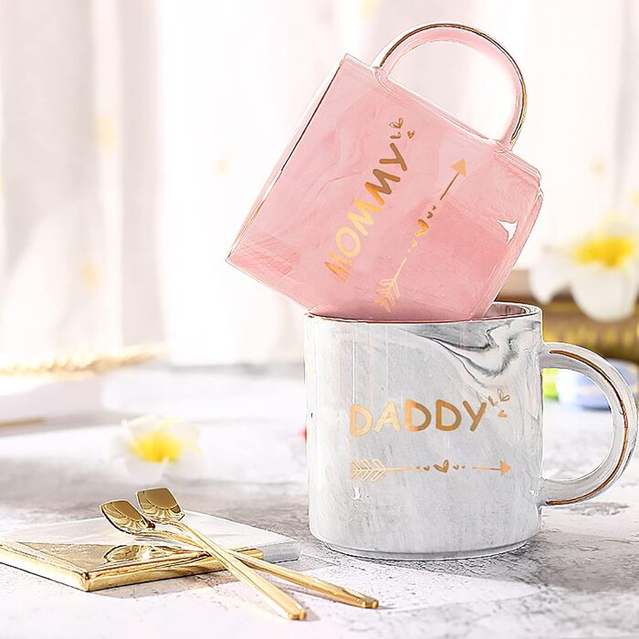 WUWEOT 350ml Coffee Mug Set Ceramic Mommy and Daddy Pair Mugs with Marbling Patterns Coffee Cups Set Gift Set with Lid Spoon Gift Box Perfect for Coffee, Tea, and Water