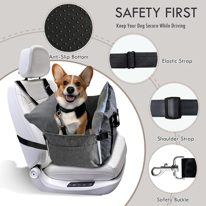 Автокрісло для собак - автокрісло-бустер для маленьких та середніх собак до 18 кг, з ременем безпеки та кишенями для зберігання, антиковзаюча підставка (смужка в морському стилі), сіре, 77x52 см