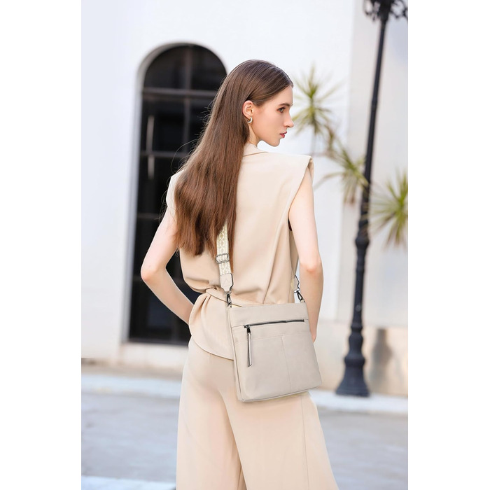 Сумка жіноча Gladdon шкіряна крос-боді середнього розміру з широким ременем, сумка на плече з жакардовою тканиною (бежева)