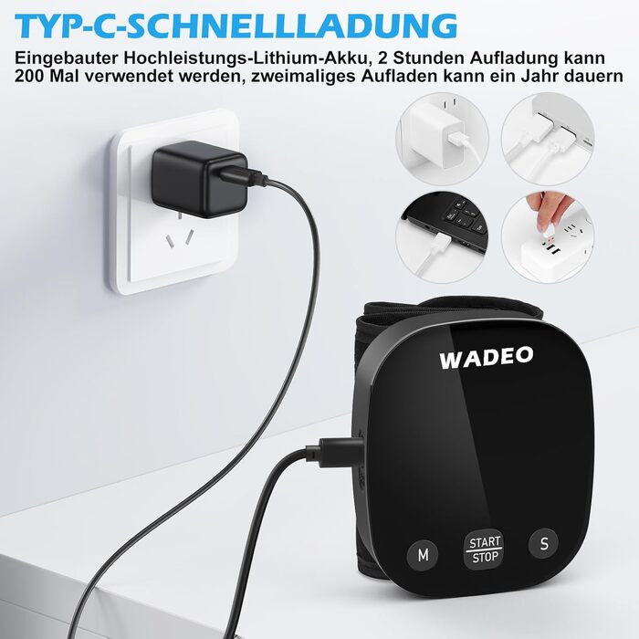 Цифровий тонометр WADEO на зап'ясті, мовлення 5 мовами, виявлення аритмії, портативний тонометр для дому та подорожей, 2 x 99 пам'ять, з батарейками та коробкою для зберігання, білий (чорний)