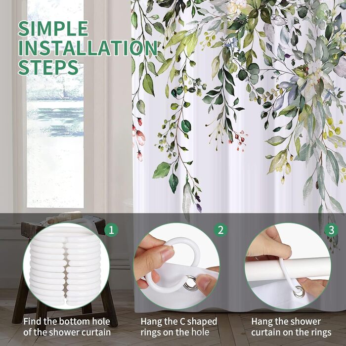 Шторка для душу REZAYMRS, 180x200 см, поліестер, зелена, з 12 гачками, водовідштовхувальна, для ванної кімнати