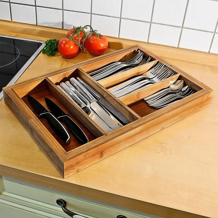Relaxdays Cutlery Box Adjustable (H x W x D): approx. 5 x 48 x 46 cm. Bamboo drawer insert with 5 to 7 compartments as a cutlery insert and kitchen organizer, large cutlery tray for the drawer, natural.