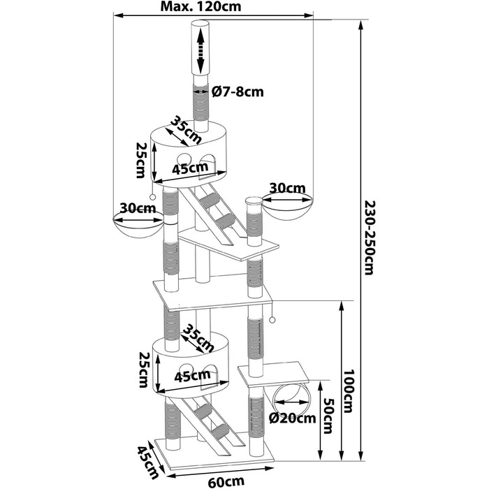 Драбина для котів Lionto XXL з сизалю та плюшу, 230-250 см. Комплектація: іграшкові м'ячики, дзвіночки, гамак, тунель, печери. Підходить для котів будь-якого розміру, сірий колір