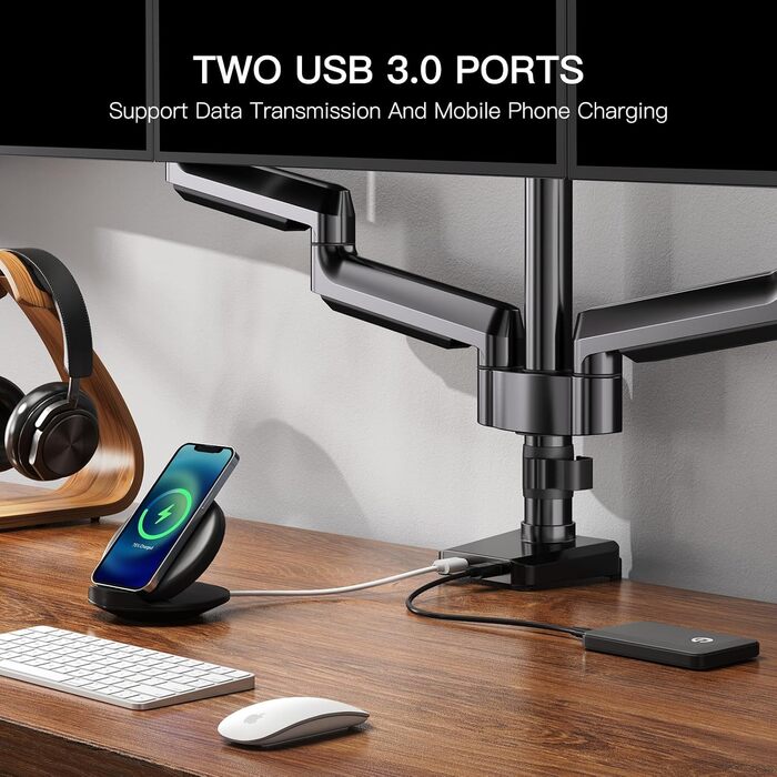 Кронштейн для 3 моніторів ErGear (13-27 дюймів), тримач для екранів з 2 USB-портами, VESA 75/100, навантаження до 8 кг на руку, чорний
