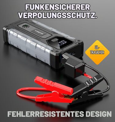 Пусковий пристрій (бустер) для автомобіля SHARMEAL 10000A, 12V Powerbank для бензинових та дизельних двигунів до 10.0 л, з LCD-дисплеєм та LED-ліхтарем
