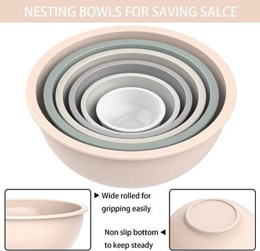 Mixing Bowl Set of 6, Plastic Cereal Bowl with Lid, Bowl with Lid, Includes 2 Forks & 4 Measuring Spoons, BPA-Free & Stackable, Ideal for Mixing and Serving (Khaki, 18)