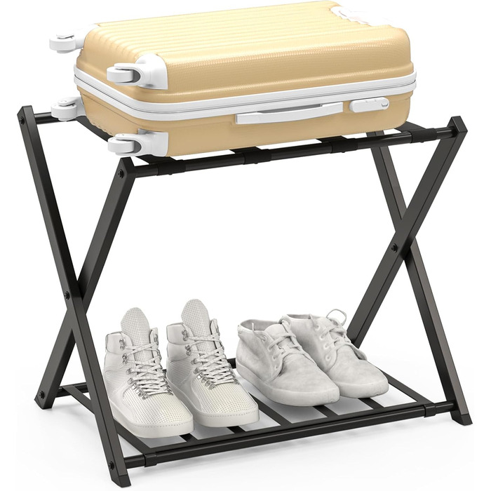 GIANTEX Folding Luggage Rack, 2-Tier, 68 x 43 x 58 cm Luggage Shelf, Baggage Rack, Metal, Space-Saving Luggage Stand for Bedroom, Guest Room, Hotel, Black (2 Pieces, Black) (1 Piece, Black)