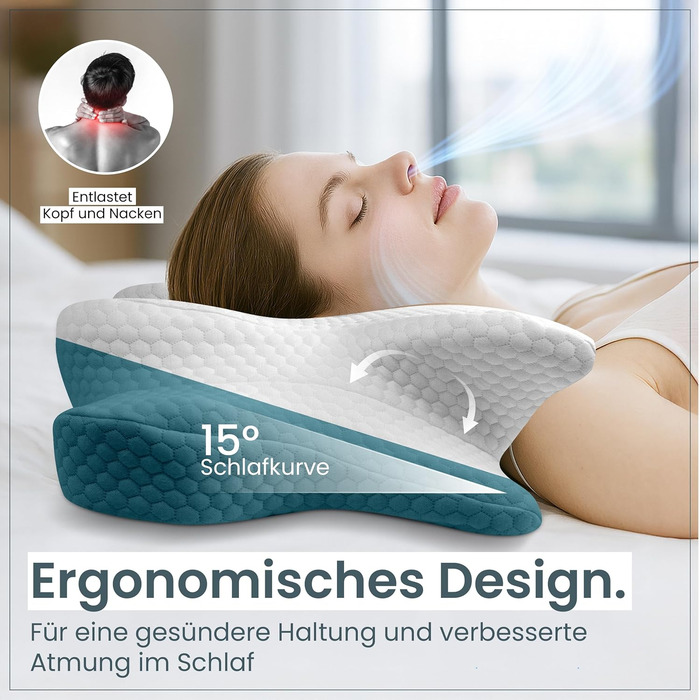 Ортопедична подушка для шиї при болях у шиї з високоякісної піни з пам'яті - Ергономічна подушка для шиї - Подушка для тих, хто спить на боці, на спині та на животі - пральний чохол при 40°C 61 x 40 x12 Світло-сірий