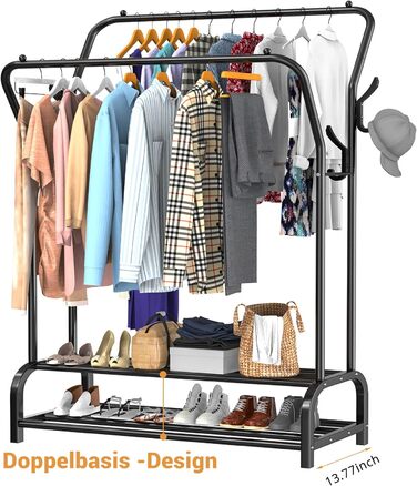 LOEFME Clothes Rack, 110 * 35 * 146cm Clothes Rack Stable Freestanding Clothes Rail, Double Rod Multifunctional Bedroom Clothes Rack, Minimalism Clothes Rod Black