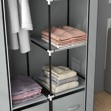 HOMCOM Fabric Closet, Space-Saving Wardrobe with 5 Compartments & Clothes Rail, Zipper, Folding Closet in Light Grey