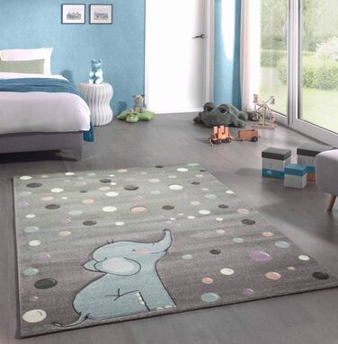 CARPETIA Children's Room Rug, Elephant, Dots, Bubbles, Grey, Blue, Size 200 x 290 cm