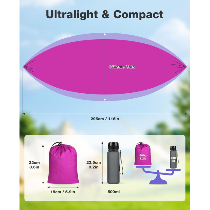 Гамак дорожній подвійний 295x140 см, рожево-ліловий, вантажопідйомність 350 кг - з карабінами та ременями для кріплення