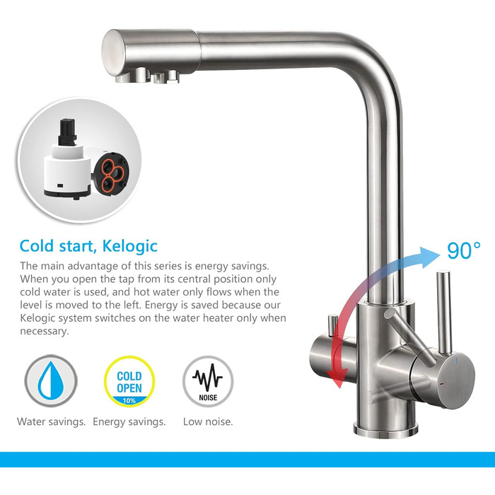 Кухонний змішувач 3-в-1 з поворотним виливом 360°, з двома важелями, для фільтрації води, гарячої та холодної води, високого тиску, з 3 шлангами 50 см, нержавіюча сталь, сірий матовий
