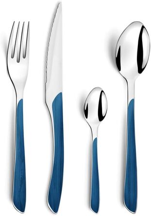 Amefa ECLAT Cutlery Set NATURE Blue Wood-Look Dining Cutlery 24-Piece for 6 People Stainless Steel, Rust-Proof, Plastic Grip Shells with Wood-Look, Dishwasher-Safe Cutlery Set for 6 People