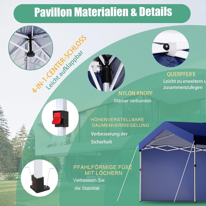 COBIZI Gazebo, Folding Gazebo, Waterproof and Stable, 275 cm Party Tent UV Protection 50+ Folding Gazebo with Waved Pattern for Camping, Beach, Family Gatherings (White) (Dark Blue, 3x3m with 1 Side Walls)