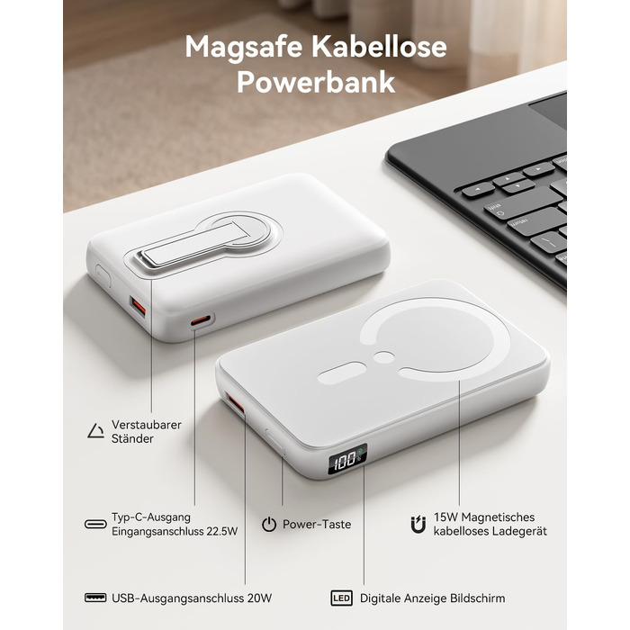 Магнітний Power Bank для MagSafe 12000mAh 22.5W з PD, LED-дисплеєм та USB-C для iPhone 17/16/15/14/13/12 Pro Max, білий