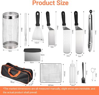 Набір гриль-посуду 14 предметів з нержавіючої сталі: щипці, лопатка, шпатель, кейс, килимок та 2 пляшки для соку. Ідеальний подарунок для чоловіків, для саду та кемпінгу.