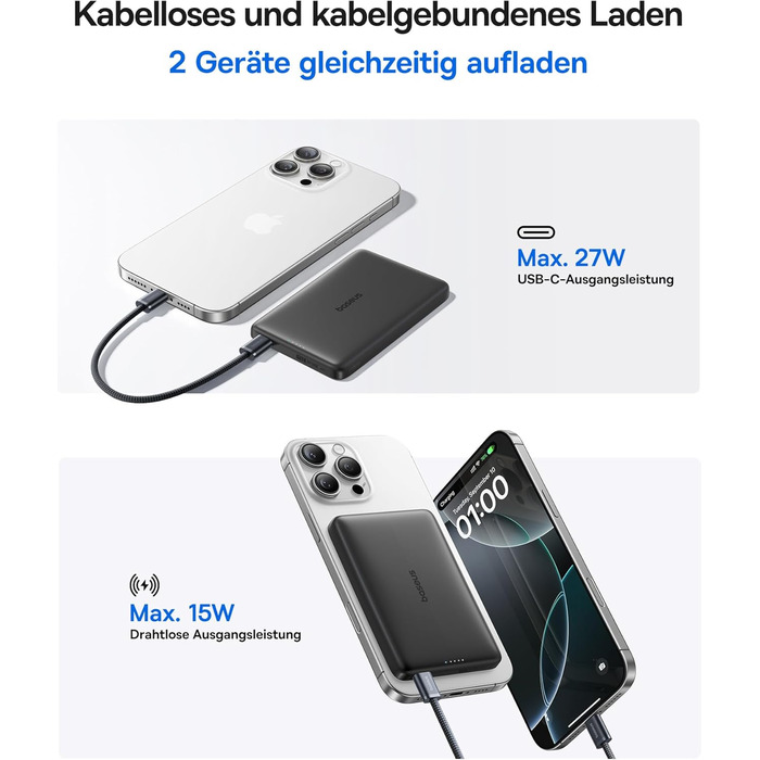 Power Bank Baseus Picogo AM41: 10000mAh, 15W Qi2 Magsafe, PD 27W, USB-C, для iPhone 17/16/15/14/13/12 (Чорний)