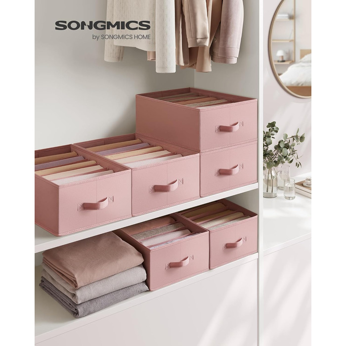 SONGMICS Set of 4 Drawer Organizers, 6 Compartments, Closet Organizer, Foldable, Clothes Organizer, 41.5 x 30.8 x 17.8 cm, for Pants, Clothing, URUS009G04 (Jelly Pink)