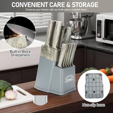 Набір кухонних ножів Messerblock з 16 частинами, з дерев'яною підставкою, дощечкою, захистом пальців, точилкою та кухонними ножицями, професійний набір ножів для дому (зелений, блакитний)