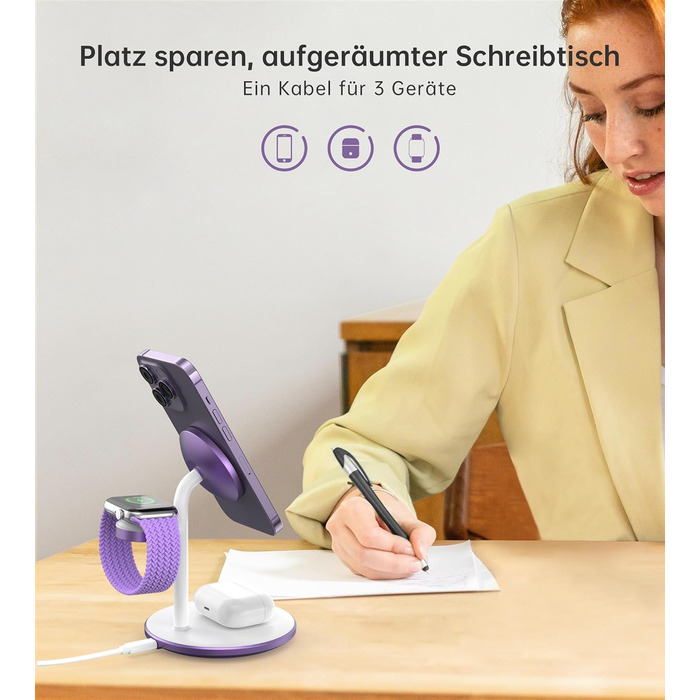 3-в-1 Бездротова Зарядка для Багатьох Пристроїв: iPhone, iWatch, AirPods (15W, MagSafe, Lila)