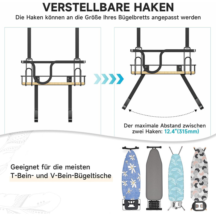 Настінна підставка для прасувальної дошки з кріпленням над дверима, чорна, з великим кошиком та знімними гачками