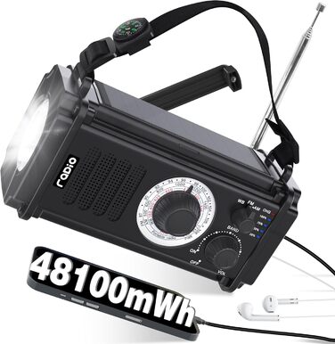 Радіо на сонячній енергії та з ручним крученням 13000mAh, AM/FM/SW, USB-зарядка, ліхтарик 800LM, компас, SOS-сигнал, чорний