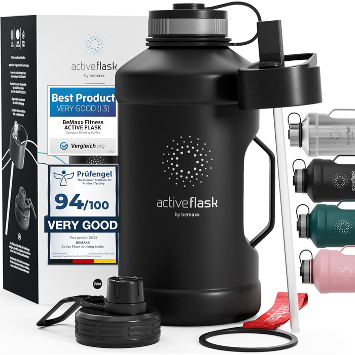 Спортивна пляшка з нержавіючої сталі ACTIVE FLASK 2,2 л із соломинкою, 3 кришки, BPA-free, герметична, для газованої води, чорна, для спорту, фітнесу та активного відпочинку