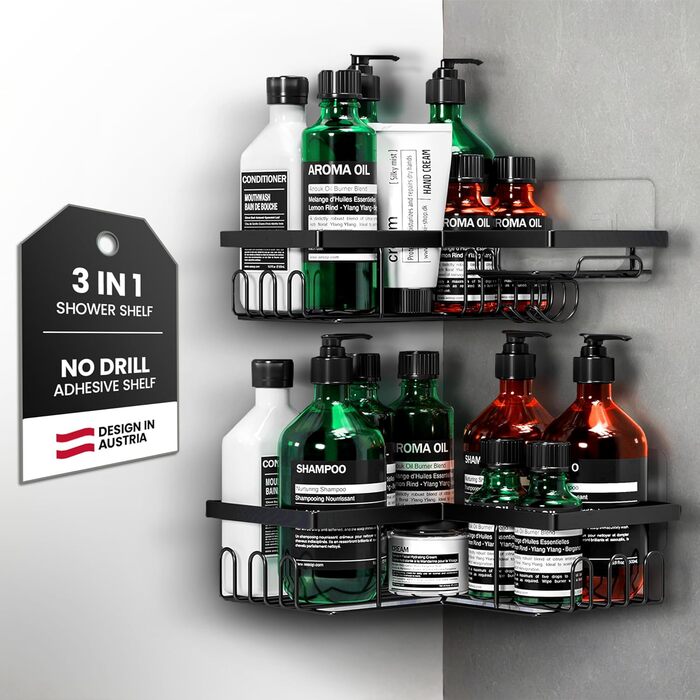 Настінна поличка для душу без свердління - 2 шт. | Дзеркальна | Чорна | Набір для зберігання в ванній кімнаті, органайзер для шампуню, душовий кошик