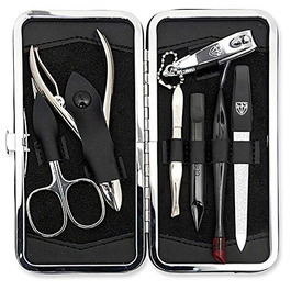 Набір для манікюру Drei Schwertter 'Pesaro' 7 предметів | Чорний шкіряний кейс | Ніж для шкіри, щипці для нігтів, пінцет, алмазна заточка, інструмент 2-в-1, ремувер для кутикули, кусачки для нігтів