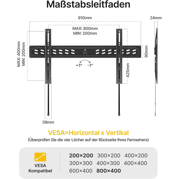 Настінний кронштейн для телевізора monTEK Ultra Slim (43–95 дюймів), фіксований, до 68 кг, VESA 800x400 мм