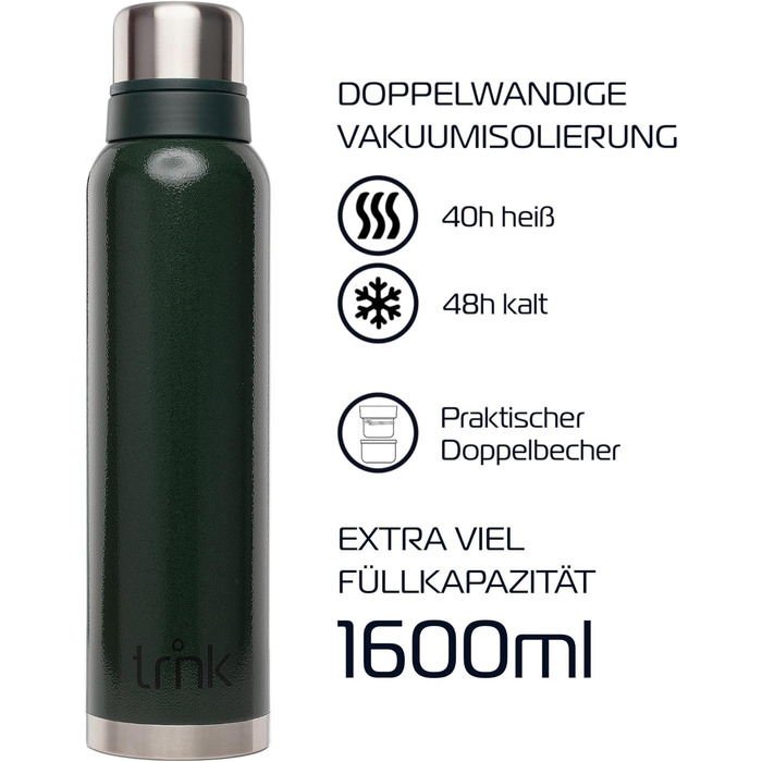 Термос Outdoor Trnk Polar 2 - 1600 мл, нержавіюча сталь, BPA-free, зберігає тепло 40 годин, з 2 стаканчиками, для посудомийної машини (зелений)