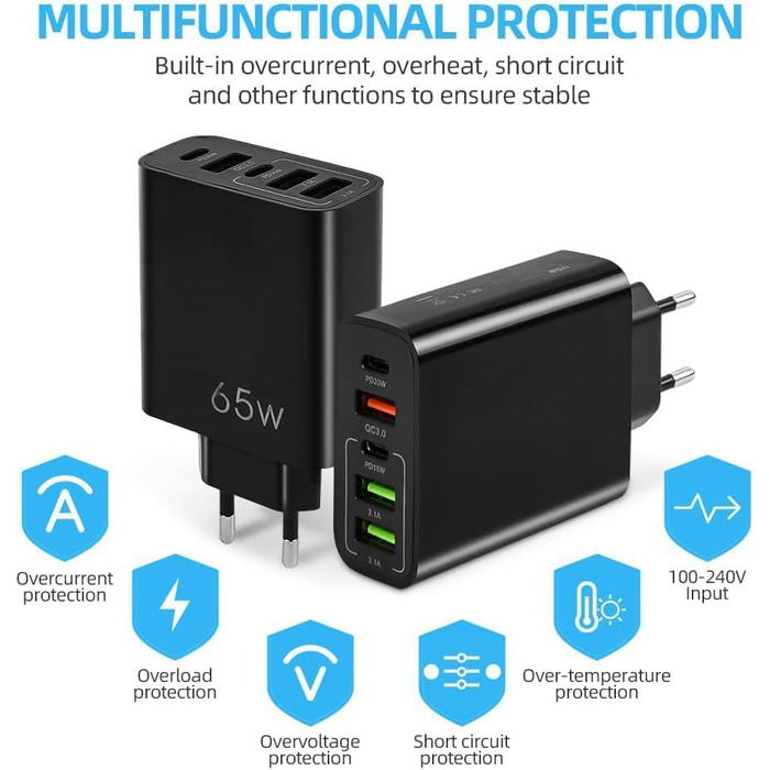Мережевий адаптер AXFEE 65W 5-портовий з USB-C та USB-A, швидка зарядка PD 3.0, чорний